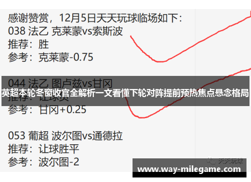 英超本轮冬窗收官全解析一文看懂下轮对阵提前预热焦点悬念格局 英超本轮冬窗收官全解析一文看懂下轮对阵提前预热焦点悬念格局