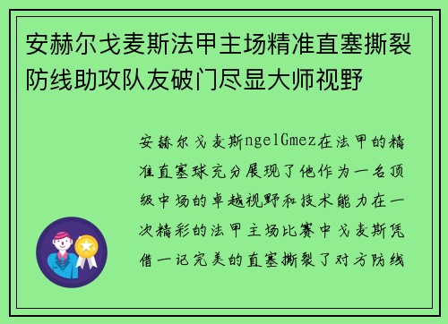 安赫尔戈麦斯法甲主场精准直塞撕裂防线助攻队友破门尽显大师视野